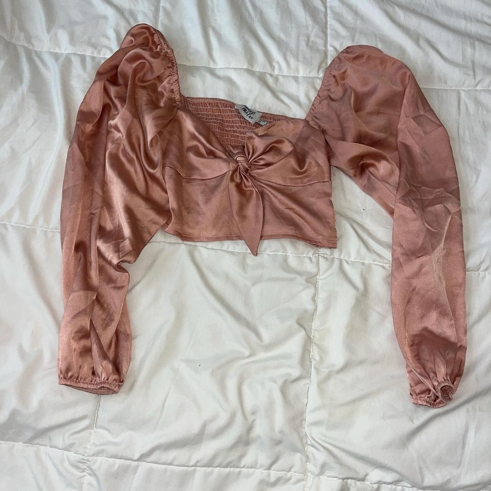 Princess Polly Pink Gold Ruched Tie Front Crop Blouse